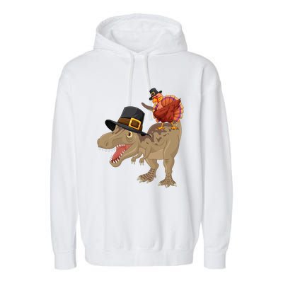 Turkey Riding Trex Dinosaur Thanksgiving Day Pilgrim Gift Garment-Dyed Fleece Hoodie