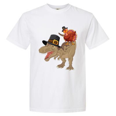 Turkey Riding Trex Dinosaur Thanksgiving Day Pilgrim Gift Garment-Dyed Heavyweight T-Shirt