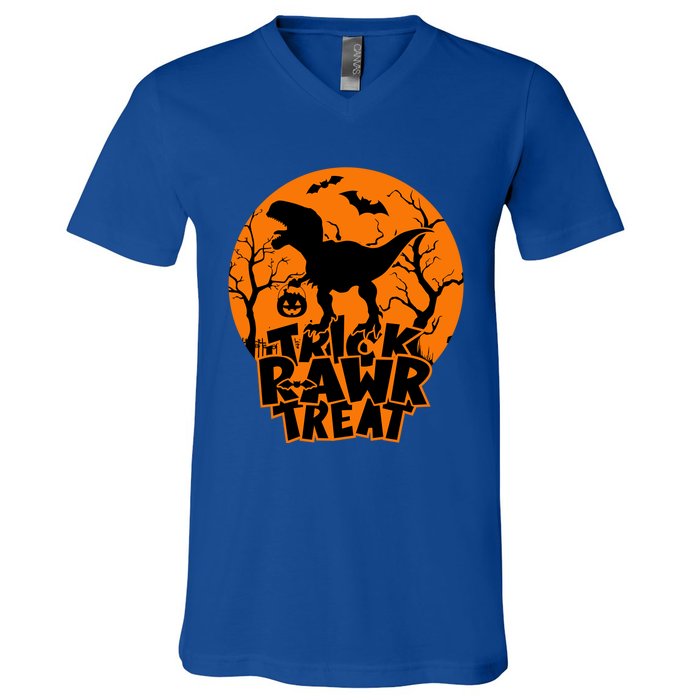 Trick Rawr Treat Dinosaur TRex Full Moon Bat Halloween Cool Gift V-Neck T-Shirt