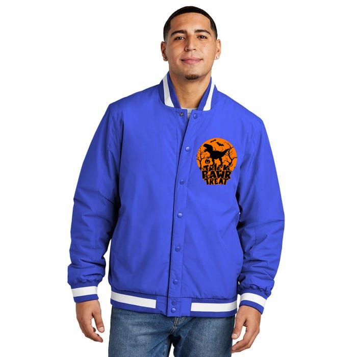 Trick Rawr Treat Dinosaur TRex Full Moon Bat Halloween Cool Gift Insulated Varsity Jacket