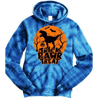 Trick Rawr Treat Dinosaur TRex Full Moon Bat Halloween Cool Gift Tie Dye Hoodie