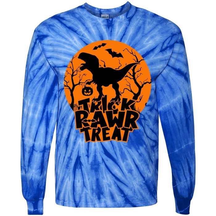 Trick Rawr Treat Dinosaur TRex Full Moon Bat Halloween Cool Gift Tie-Dye Long Sleeve Shirt