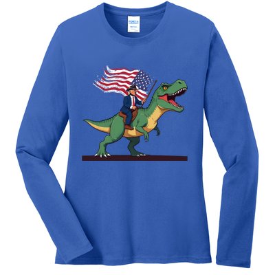 Trump Riding Trex July 4th Gift Ladies Long Sleeve Shirt