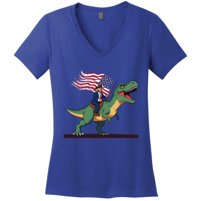 Trump Riding Trex July 4th Gift Women's V-Neck T-Shirt