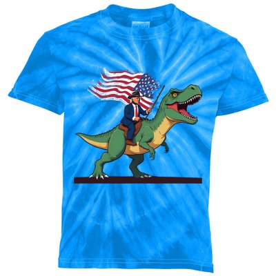 Trump Riding Trex July 4th Gift Kids Tie-Dye T-Shirt