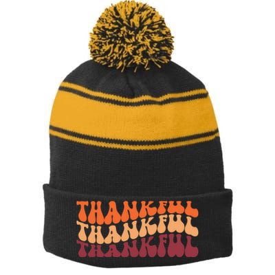 Thankful Retro Thanksgiving Stripe Pom Pom Beanie