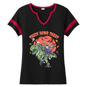 Trick Rawr Treat Halloween Dabbing Skeleton Trex Pumpkin Gift Ladies Halftime Notch Neck Tee