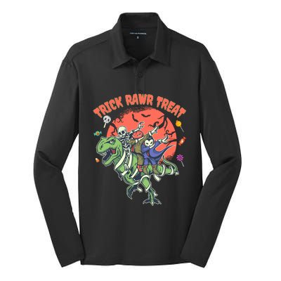 Trick Rawr Treat Halloween Dabbing Skeleton Trex Pumpkin Gift Silk Touch Performance Long Sleeve Polo