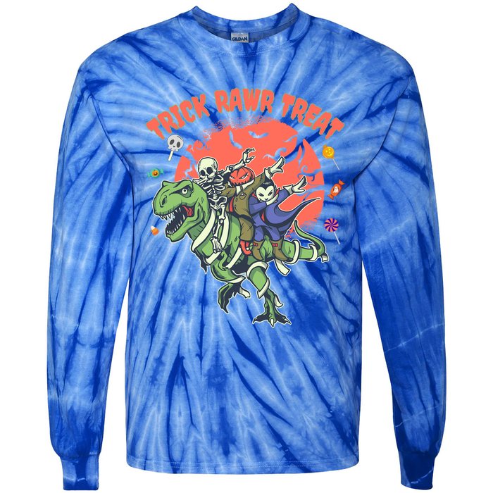 Trick Rawr Treat Halloween Dabbing Skeleton Trex Pumpkin Gift Tie-Dye Long Sleeve Shirt