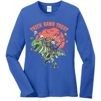 Trick Rawr Treat Halloween Dabbing Skeleton Trex Pumpkin Gift Ladies Long Sleeve Shirt