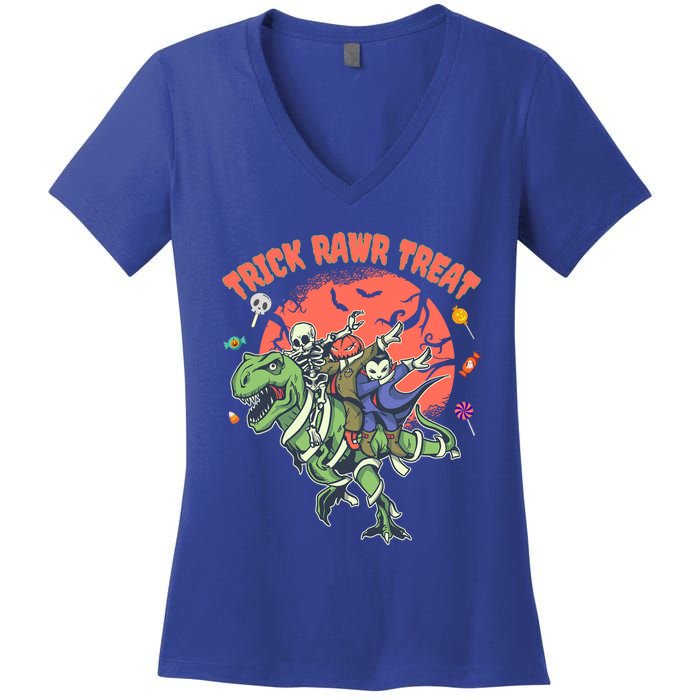 Trick Rawr Treat Halloween Dabbing Skeleton Trex Pumpkin Gift Women's V-Neck T-Shirt