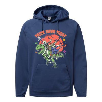 Trick Rawr Treat Halloween Dabbing Skeleton Trex Pumpkin Gift Performance Fleece Hoodie