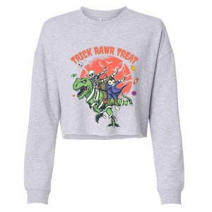 Trick Rawr Treat Halloween Dabbing Skeleton Trex Pumpkin Gift Cropped Pullover Crew