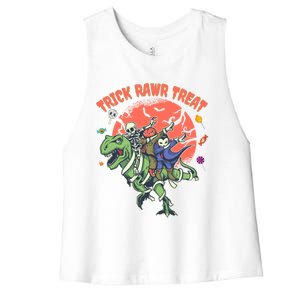 Trick Rawr Treat Halloween Dabbing Skeleton Trex Pumpkin Gift Women's Racerback Cropped Tank