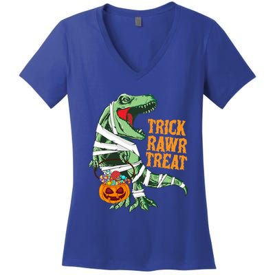 Trick Rawr Treat Halloween TRex Dinosaur Ghost Print Gift Women's V-Neck T-Shirt