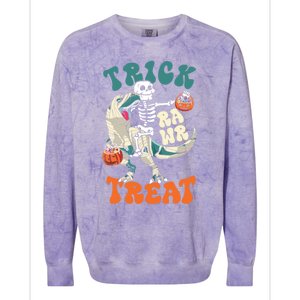 Trick Rawr Treat Skeleton Riding Mummy Dinosaur Halloween Gift Colorblast Crewneck Sweatshirt