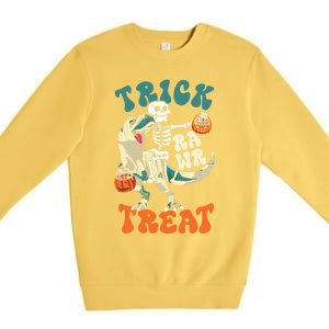 Trick Rawr Treat Skeleton Riding Mummy Dinosaur Halloween Gift Premium Crewneck Sweatshirt