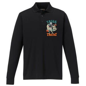 Trick Rawr Treat Skeleton Riding Mummy Dinosaur Halloween Gift Performance Long Sleeve Polo