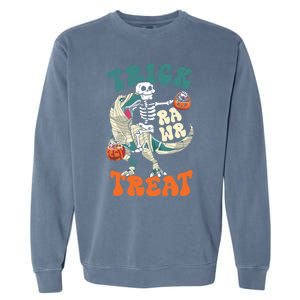 Trick Rawr Treat Skeleton Riding Mummy Dinosaur Halloween Gift Garment-Dyed Sweatshirt