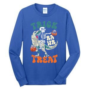 Trick Rawr Treat Skeleton Riding Mummy Dinosaur Halloween Gift Tall Long Sleeve T-Shirt