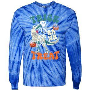 Trick Rawr Treat Skeleton Riding Mummy Dinosaur Halloween Gift Tie-Dye Long Sleeve Shirt