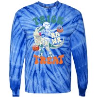 Trick Rawr Treat Skeleton Riding Mummy Dinosaur Halloween Gift Tie-Dye Long Sleeve Shirt