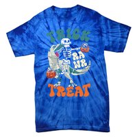 Trick Rawr Treat Skeleton Riding Mummy Dinosaur Halloween Gift Tie-Dye T-Shirt