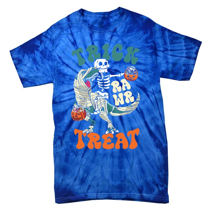 Trick Rawr Treat Skeleton Riding Mummy Dinosaur Halloween Gift Tie-Dye T-Shirt