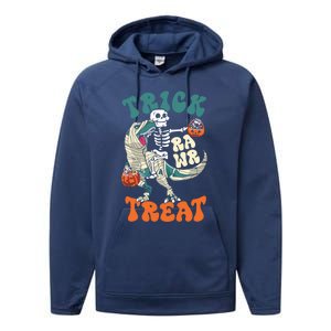 Trick Rawr Treat Skeleton Riding Mummy Dinosaur Halloween Gift Performance Fleece Hoodie