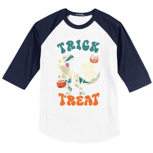 Trick Rawr Treat Skeleton Riding Mummy Dinosaur Halloween Gift Baseball Sleeve Shirt