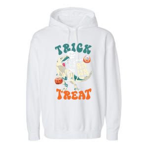 Trick Rawr Treat Skeleton Riding Mummy Dinosaur Halloween Gift Garment-Dyed Fleece Hoodie