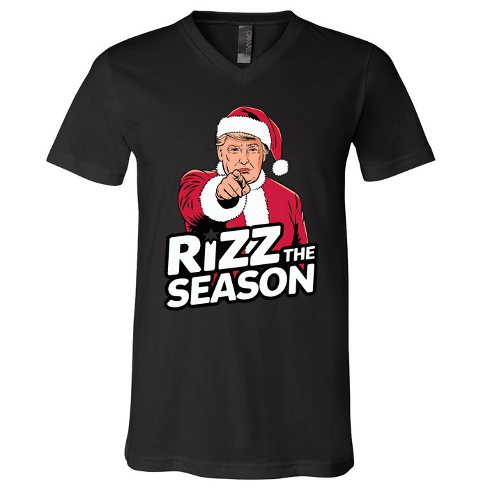 Trump Rizz The Season Funny Xmas With Santa Hat V-Neck T-Shirt