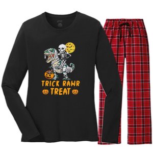 Trick Rawr Treat Skeleton Trex Halloween Women's Long Sleeve Flannel Pajama Set 