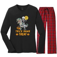 Trick Rawr Treat Skeleton Trex Halloween Women's Long Sleeve Flannel Pajama Set 