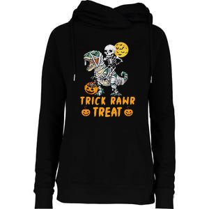 Trick Rawr Treat Skeleton Trex Halloween Womens Funnel Neck Pullover Hood