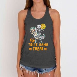 Trick Rawr Treat Skeleton Trex Halloween Women's Knotted Racerback Tank