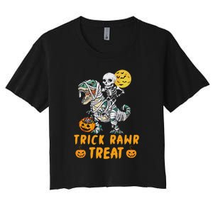 Trick Rawr Treat Skeleton Trex Halloween Women's Crop Top Tee