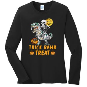 Trick Rawr Treat Skeleton Trex Halloween Ladies Long Sleeve Shirt