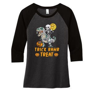 Trick Rawr Treat Skeleton Trex Halloween Women's Tri-Blend 3/4-Sleeve Raglan Shirt