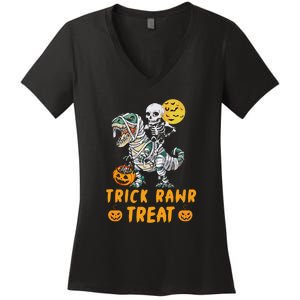 Trick Rawr Treat Skeleton Trex Halloween Women's V-Neck T-Shirt