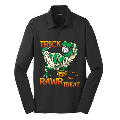 Trick Rawr Treat T Rex Dinosaur Halloween Volleyball Player Gift Silk Touch Performance Long Sleeve Polo