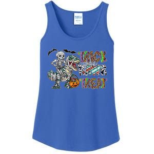 Trick Rawr Treat Happy Halloween Western Skeleton Dinosaur Cute Gift Ladies Essential Tank