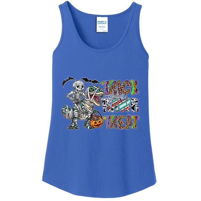 Trick Rawr Treat Happy Halloween Western Skeleton Dinosaur Cute Gift Ladies Essential Tank