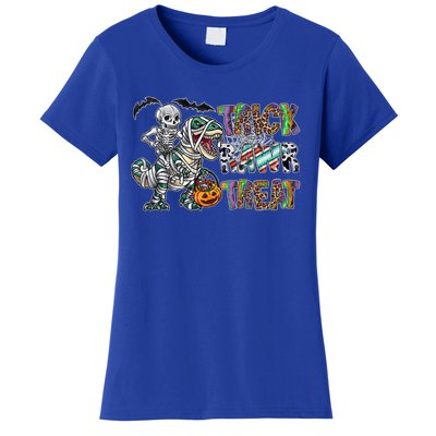 Trick Rawr Treat Happy Halloween Western Skeleton Dinosaur Cute Gift Women's T-Shirt