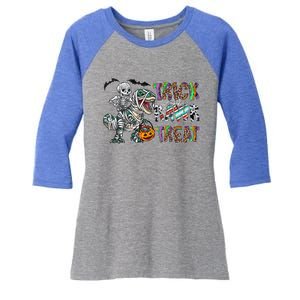 Trick Rawr Treat Happy Halloween Western Skeleton Dinosaur Cute Gift Women's Tri-Blend 3/4-Sleeve Raglan Shirt