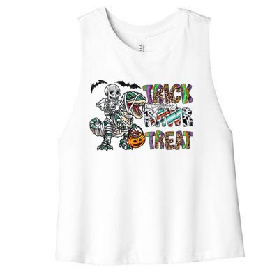 Trick Rawr Treat Happy Halloween Western Skeleton Dinosaur Cute Gift Women's Racerback Cropped Tank