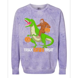 Trick Rawr Treat Bigfoot Riding A Trex Dino Halloween Gift Colorblast Crewneck Sweatshirt