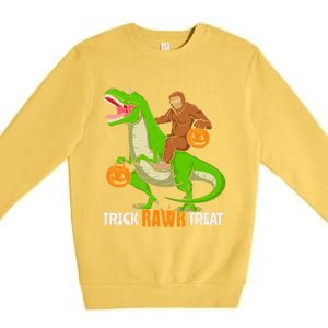 Trick Rawr Treat Bigfoot Riding A Trex Dino Halloween Gift Premium Crewneck Sweatshirt