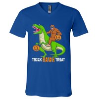 Trick Rawr Treat Bigfoot Riding A Trex Dino Halloween Gift V-Neck T-Shirt