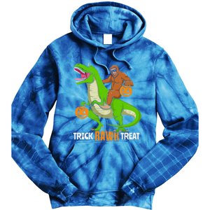 Trick Rawr Treat Bigfoot Riding A Trex Dino Halloween Gift Tie Dye Hoodie